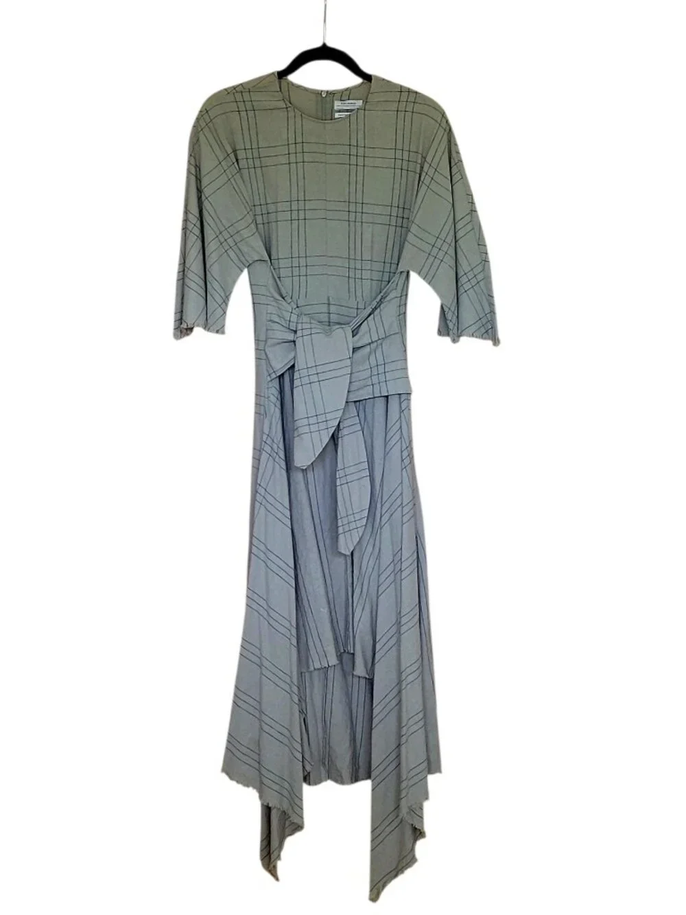 Zara Sage Green Linen Cotton Hi Low Hem Tie Dress Boho Lagenlook Plaid Stripe - Picture 3 of 11
